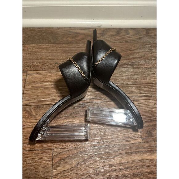 CAPE ROBBIN Cherie Gold Chain Square Lucite‎ Heeled Mule Sandals Size 8.5 Black - Picture 6 of 9
